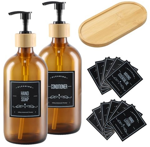 2 Pz Dispensadores de Jabón de Vidrio Ámbar, 500ml/17oz Dispensadores de Loción Rellenables, Botellas de Bomba de Prensa Vacías, Dosificador de Gel y Champú para Ducha con Bandeja de Madera y Etiqueta