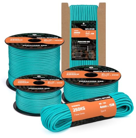 Kamu Synber 550 Paracord 4mm 15m Typ III Schnur 7 Stränge Nylon Seil Fallschirmschnur für Basteln, Outdoor, Camping, Survival | Tragkraft 250kg | Türkis