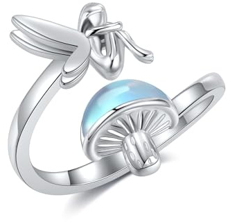 VENACOLY Elfen Ringe 925er Sterlingsilber Mondstein Pilz Einstellbarer Ring Feen Muttertag Schmuck für Damen Mütter