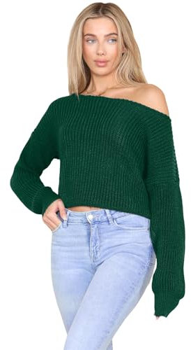 Hamishkane® Womens Cable Knitted Off Shoulder Jumper, Long Sleeve Slash Neck Pullover Sweater, Winter Cropped Oversized Ladies Jumpers Bottle Green