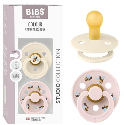 BIBS Colour Studio Schnuller 2er-Pack, BPA-frei, Kirschform Nippel. Naturkautschuk/Latex, Hergestellt in Dänemark, Größe 1 (0-6 Monate), Ivory/Petal