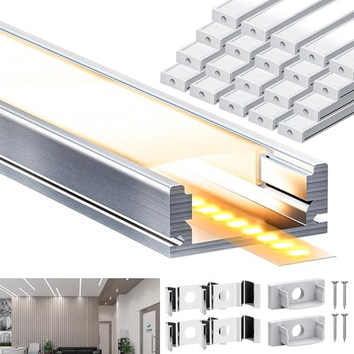 Brillivanture LED Profil 20×2 m U-Form LED Schiene mit 20 milchigen Abdeckungen, für 12 mm Streifen geeignet, ideal als Aluminium Profil für indirekte Beleuchtung