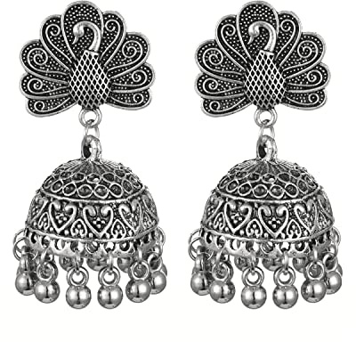 Bell Quaste Indische Vintage Jhumka Ohrringe Pfau Filigran Boho Baumeln Tropfen mit Wabenmotiven - Traditioneller Gold/Silber Ethnischer Bohemian-Schmuck für Frauen & Mädchen, GROSS, Metall, Kein