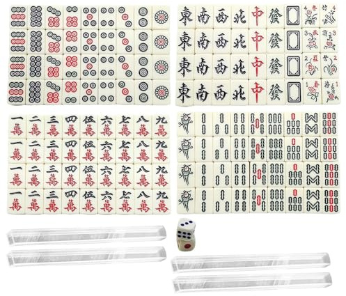 20 x 14 x 10 mm, Melamin, Mahjong-Spiel, 144 Steine, 2 Würfel und Transporttasche aus Leder, traditionelle chinesische Gesellschaftsspiele, Majiang, Freizeitspielzubehör, Geschenk für Frauen und