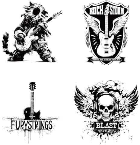arricraft 4 Blatt Rock Roll Thema Stoff Bügelaufkleber Rock Cat Playing Guitar Heat Transfer Sticker Decals Für DIY T Shirt Jeans Rucksäcke Familien Kleidung Hut Dekoration Applikation