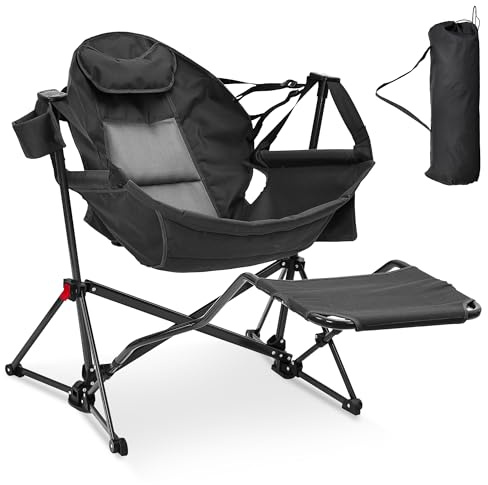 Ainfox Hammock Camping Chair with Footrest, Foldable Portable Rocking Chairs for Adults Outside Swinging Camp with Cup Holder Pillow for Outdoor Patio Poolside (Black)
