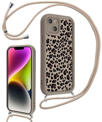 Votvloay Handykette Handyhülle für iPhone 13 mini 5,4 Hülle mit Band, Aesthetic Leopard Muster Kordel zum Umhängen Case, Weich Silikon TPU Bumper Stoßfest Schutzhülle Cover für iPhone 13 mini, Khaki