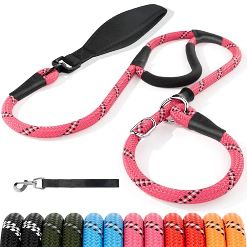 Kdsvakd Slip Lead for Dogs, No Pull Training Leash with Double Comfortable Handles and Collar Attachment, Highly Reflective Strong Puppy Rope Leads for Small Medium Dog, Pink 8mm*1.8m