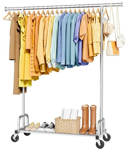 Sakugi Clothes Rack - Large-Capacity Clothing Racks for Hanging Clothes with Lockable Wheels, Space-Saving Metal Coat Rack for Bedroom, Laundry Room, Entryway, 45.6 x 16.9 x 59, Silver