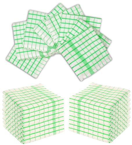 Wholesale Trade Dealz Mono Check Terry Tea Towels Pack of 4, 6 & 12-100% Egyptian Cotton Super Soft High Absorbent Lint Free Wonder Dry Tea Toweling Dish Cloth Large Kitchen Towels (4, Green)