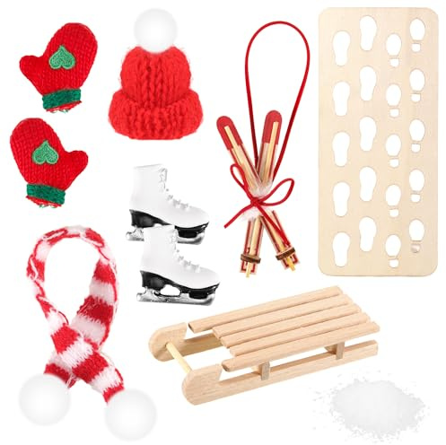 10 Stück Wichtel Zubehör, Miniatur Wichtel Schlitten Set, Wichteltür Zubehör Weihnachten Mütze Schal Skischuhe Schlitten Handschuhe Puppenhaus für Weihnachten Dekoration