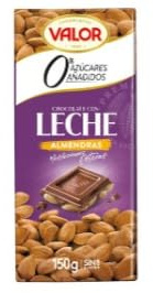 Valor Chocolat au Lait aux Amandes sans Sucre, Tablette 150g, Édulcoré, 0 Sucres Ajoutés