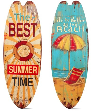JULMELON 2 tablas de surf decorativas, surf art playa, cartel de bienvenida en el mar, verano, piscina, decoración tropical, habitación exterior, piscina, bar, fiesta, decoración de pared (45 x 16 cm)