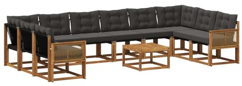 vidaXL Outdoor-Sofagarnitur mit Kissen 11 pcs Natürlich und Schwarz, Garten-Sofa, modernes Outdoor-Satz, haltbare Terrassenmöbel, perfekte Lounge für Entspannung und Komfort