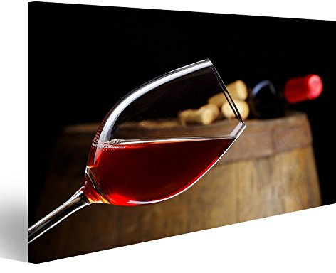 islandburner Tableau sur toile Verre de vin rouge avec baril en arrière-plan Cadre Affiche Poster Murale Tableaux