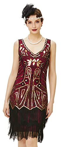 BABEYOND Flapper Dresses V Neck Dress Cocktail Dress Femme | Frange double couche, élégant motif floral brodé, franges et paillettes, motif art déco classique des années 1920