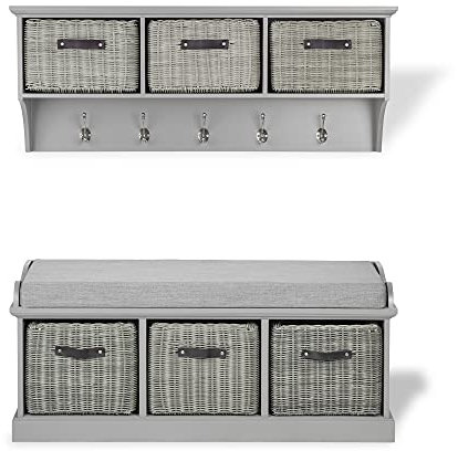 Tetbury grey storage bench and hallway hanging shelf with strong baskets. Hallway storage furniture