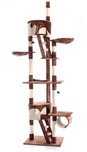 Wiltec Kratzbaum 240-260 cm beige/braun, Katzenkratzbaum deckenhoch mit Sisal, Kletterbaum für Katzen, Deckenspanner Katzenbaum mit Hängematten