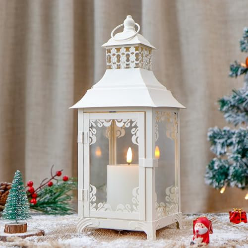 JHY DESIGN Dekorative Hängend Kerzen Laternen, Vintage Windlicht 37,5cm Hohe Metall Laterne Glas Kerzenlaterne für Garten Hochzeit Balkon Innen Außenbereich Wohnzimmer Schlafzimmer Weihnachten(Weiß)