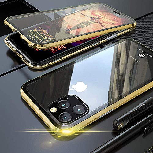 Aest Kompatibel für iPhone 11 Pro Max Hülle Magnetische Adsorption Schutzhülle 360 Grad Schutz Doppelte Seiten Transparent Gehärtetes Glas Stoßdämpfend Handyhülle - Golden