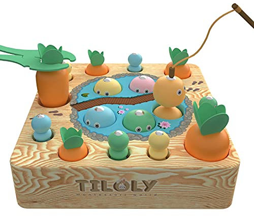 Tiloly Montessori Spielzeug ab 1 Jahr 2in1 Karottenspiel & Angelspiel, Holzspielzeug ab 1 Jahr Activity Spiel - Motorikspielzeug Baby Spielzeug 1 Jahr - Kinderspielzeug 1 Jahr