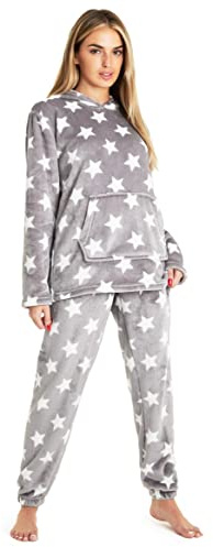 CityComfort Pigiama Donna Invernale Lungo di Pile, Pigiami Due Pezzi con Felpa A Maniche Lunghe con Cappuccio E Pantaloni, S, M, L, XL (Grigio con Stelle, S)