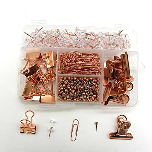 Egurs 500 Stück Büromaterial Set Rosegold Einschließlich Push Pins Büroklammern Binder Clips Stecknadeln 5 Stile für Büro,Schule und Heimbedarf