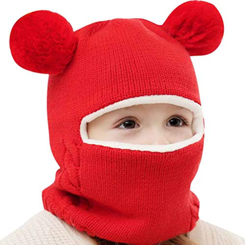 Qersh Baby Wintermütze Schal Schlupfmütze Warm Niedlich Bär Wintermütze Schalmütze Strickmütze mit Bommel Fleecefutter Beanie Mütze für 2-7 Jahre alt Baby (Rot, 2-7 Jahre alt)