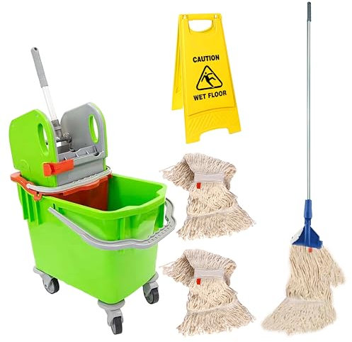 Bayersan Mop Bucket & Water Wringer Floor Cleaning Kit | Kentucky Mopping Bucket | Mop With Long Handle | 2 Mop Heads | Wet Floor Safety Sign (Green)
