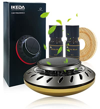Auto Duft Lufterfrischer | Solarbetriebener Duft Parfüm Diffusor | Automatische Drehung Aromatherapie | 12ml Ätherisches Öl | 60 Tage Frischer Duft für Taxi, Büro, Zuhause (White Musk)