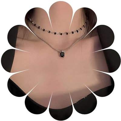 Aneneiceera Boho Layered Strass Halskette Schwarze Perlen Choker Silberkette Schwarzer Kristall Anhänger Halskette Mehrschichtige Glänzende Strass Halskette Minimalistische Halskette Schmuck