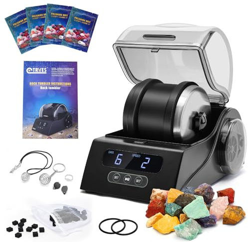 Tryes Rock Tumbler Kit Adults - Rock Polisher Tumbler with Noise Reduction Cover, Speed&Timer Control, Includes 4 Polishing Grits, Rough Gemstones, Learning Guide etc., Great Science Gift for All Ages