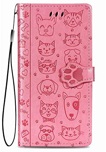 Fertuo Coque pour Motorola Moto E13, Antichoc Portefeuille Étui Housse en Cuir à Rabat avec Porte Carte, Chiusura Magnetica [Motif de Chat Chien] Flip Cover Case pour Motorola Moto E13, Rose