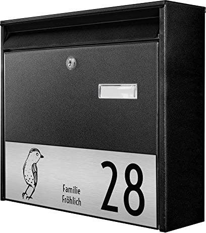 banjado® Burg-Wächter® Briefkasten schwarz mit graviertem Namen/personalisierter Briefkasten 32x36x10cm / Postkasten/Briefkasten ohne Zeitungsfach/Briefkasten mit Namensschild