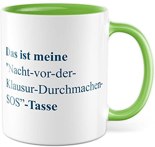 Studium Tasse Studenten Kaffeetasse Examen Kaffee-Becher Uni Prüfung Teetasse Student Geschenkidee Studentin Geschenk Klausur Witz lustiger Notfall Spruch lernen Humor (Weiß/Grün)
