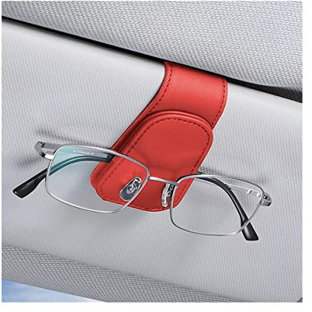 CGEAMDY Brillenhalter für Auto Sonnenblende, Auto Visier Brille Halterung, Magnetischer Leder Brillenhalter Clip, Ticket Karten Clip Brillen Halterung Geschenke (Rot)