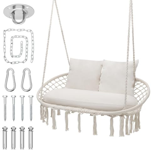 MoNiBloom Double Swing Chair with 3 Cushions for Outside, Large Hanging Macrame Swing Chair for Indoor/Outdoor Relax, Adult Hammock Boho Chair Max 700 lbs Capacity for Porch Balcony Backyard, Beige