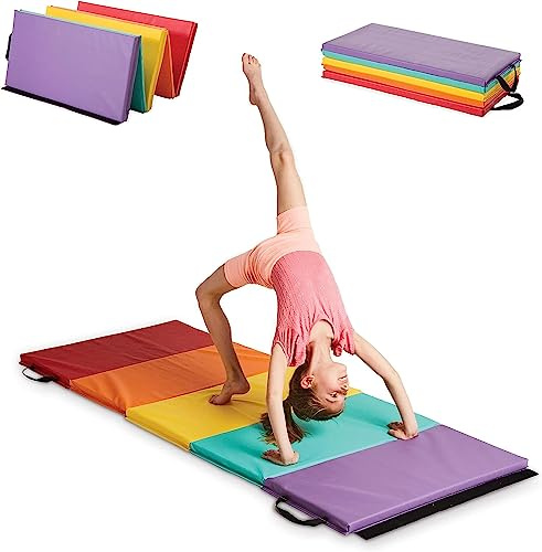 Folding Gym Mat, Gymnastics Tumbling with Carrying Handles, Thick Exercise, Foldable Tumbling Mat for Kids, Padding for MMA, Gymnastics, Activity Play and Home Gym
