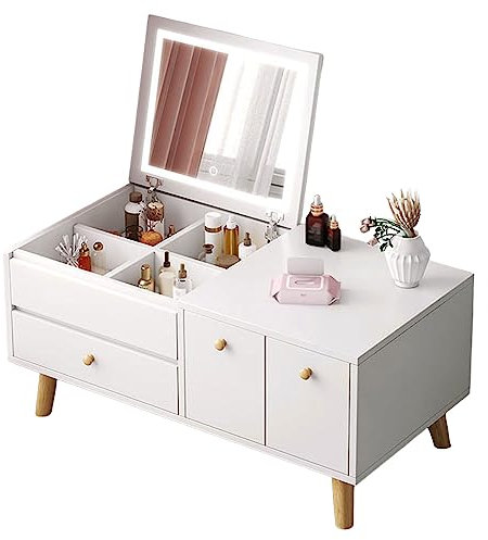 Schminktisch mit Flip-Top-Spiegel und Schublade, 3 Farben Touchscreen einstellbare Helligkeit, kleine Make-up Eitelkeit Studie Tisch für Schlafzimmer oder Gaube Fenster