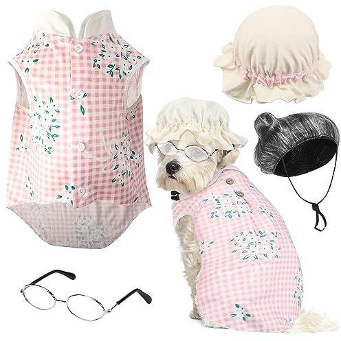 Sweetude 4 Stücke Alte Dame Kostüm für Hund Oma Hunde Kostüm mit Rosa Floral Hundekleid Alte Dame Haustiere Perücke Lustige Hund Katze Retro Sonnenbrille Spitze Sonnenhaube für Halloween Reiten Kapuze