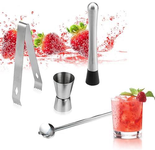 Lot de 4 pilons à cocktail professionnels en acier inoxydable avec cuillère à cocktail, accessoires de bar, pour barman, pour mélanger de délicieux cocktails