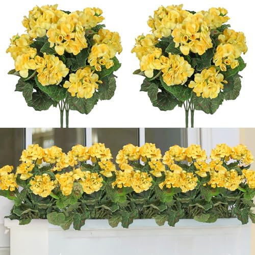 TOCHGREEN Künstliche Geranien für den Außenbereich, UV-beständig, gelber Geranienstrauch, 2 Bündel, Kunstseide, Blumen für den Außenbereich, Zuhause, Hochzeit, Garten, Veranda, Tischdekoration,