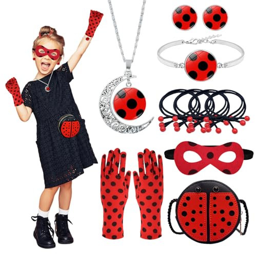 Rot Bug Kostüm Zubehör Set mit Tasche Maske Halskette Ohrring Haarbänder Handschuhe Rot Schwarz Bug Rollenspiel Set für Mädchen Halloween Karneval Kostüm