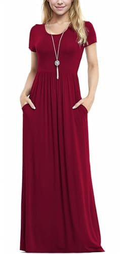 Anelune Women's 2024 Summer Casual Flutter Short Sleeve Crew Neck Smocked Elastic Waist Tiered Midi Dress with Pockets(Wine Red-L)