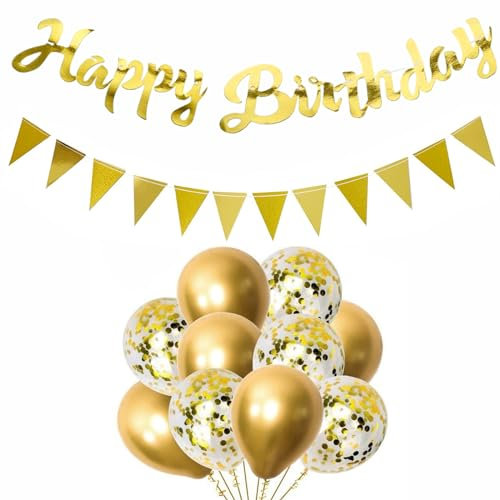 VIKY® Happy Birthday Girlande Set, Girlande Geburtstag Gold, Happy Birthday Deko Banner, Geburtstagsdeko Wimpelkette, Konfetti Luftballons Geburtstag Deko, Geburtstag Girlanden für Junge Mädchen