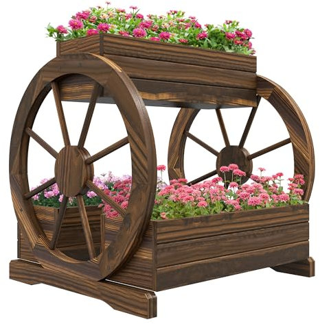 Outsunny Fioriera in Legno da Esterno a 2 Livelli, Orto Rialzato con 3 Vasi e Ruote di Carro Stile Country, 64x54x60cm