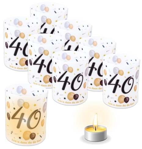 TOPWAYS Deko 40 Geburtstag Mann Frau, 8pcs Tischdeko Geburtstag Kerzen Windlicht Cover, Anniversary 40. Geburtstag Deko Frauen Mann Schön DASS Du Da Bist, für Teelichter oder Kerzen (40 Geburtstag)