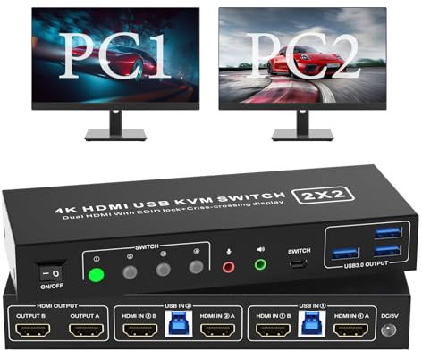 HDMI KVM Switch 2 Computer 2 Monitore 4K@60Hz, USB 3.0 KVM Umschalter Dual Monitore Mit EDID-Funktion, mit Audio Ausgang und 3 USB 3.0-Anschlüsse, Desktop-Steuerung Inklusive 2 USB3.0 Kabel