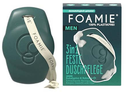 Foamie Men 3in1 Feste Duschpflege Back to the Roots | Für Körper, Gesicht & Haare | Mit Babassu- & Eukalyptusöl | pH-hautneutral | Vegan & Plastikfrei | 90g