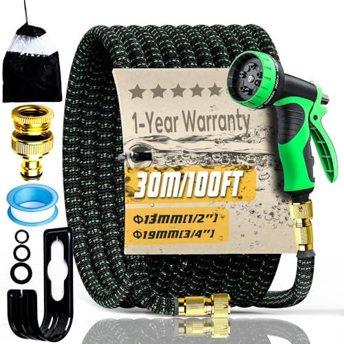 Homria-Appliance Tuyau d'arrosage extensible de 60 m avec buse de pulvérisation à 10 motifs, tuyau magique extensible flexible, raccords de 1,9 cm, vert, en plastique, 30,5 m